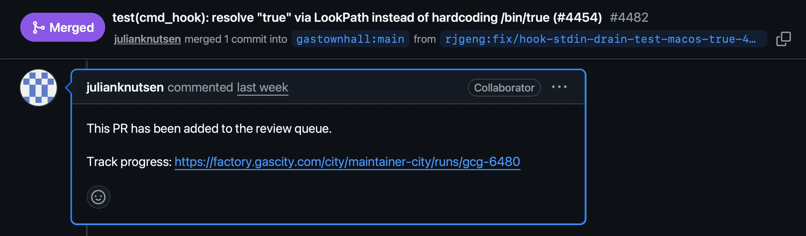 The review-queue comment Maintainer City leaves on a pull request, with a Track progress link straight to the run handling it.