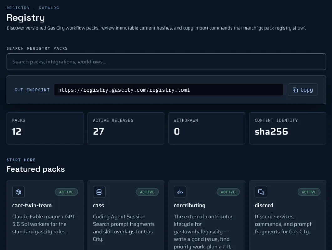 The new registry website at registry.gascity.com: pack search, registry stats, and a wall of featured packs, all in one place.