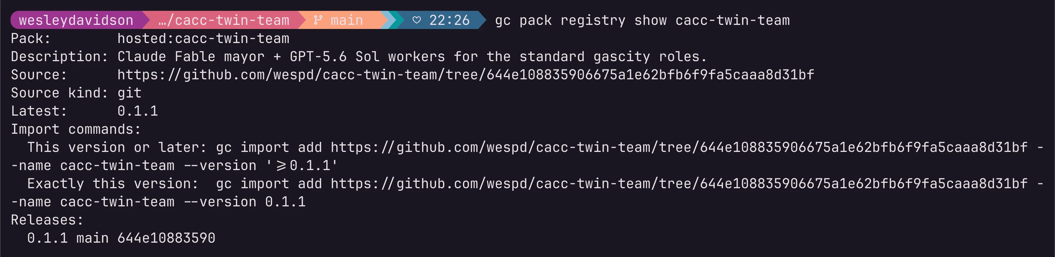 My published pack, cacc-twin-team, as the registry CLI sees it: a Claude Fable mayor with GPT-5.6 Sol workers for the standard gascity roles.