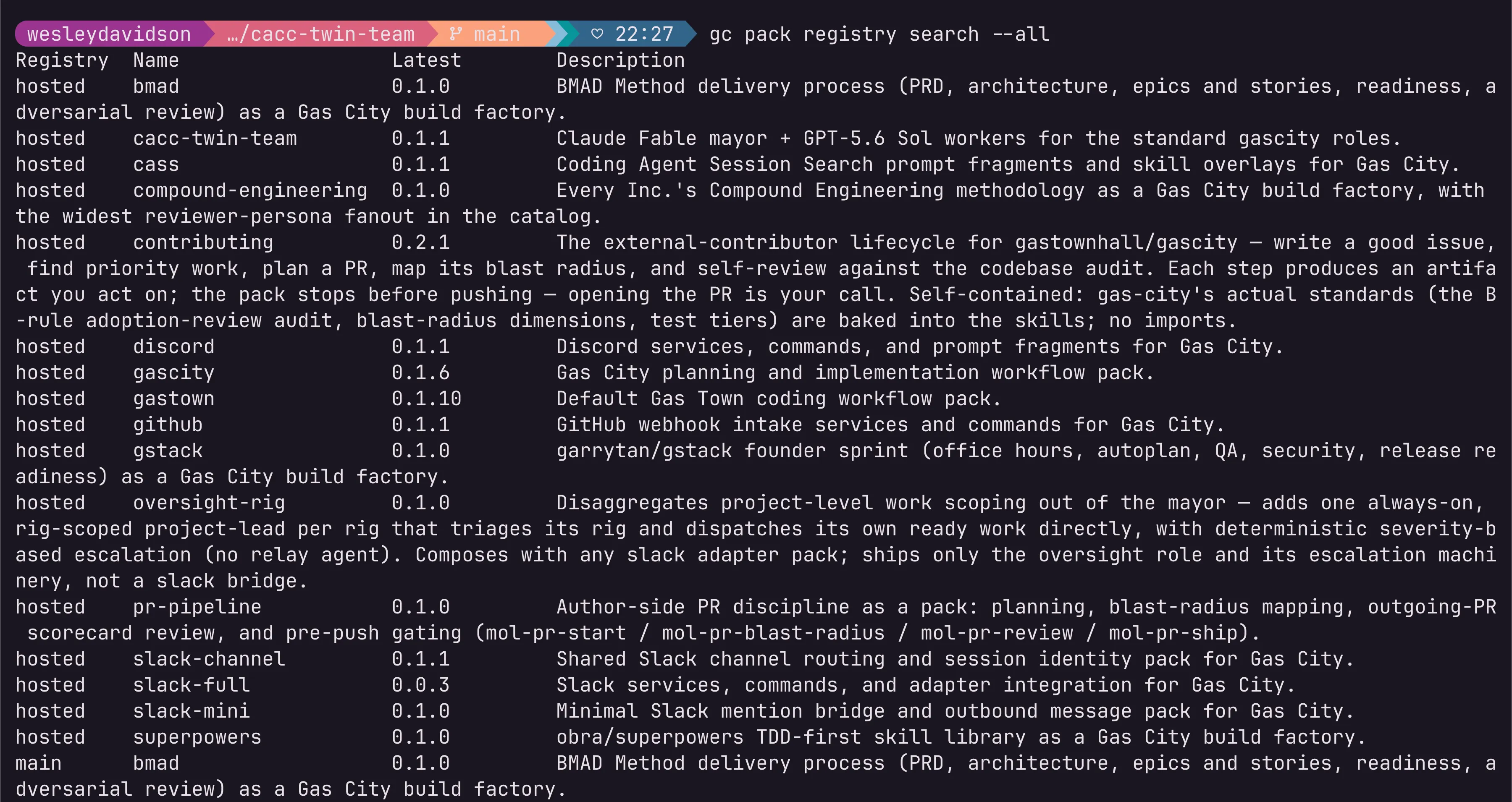 gc pack registry search --all lists every pack the registry knows about, right in the terminal.