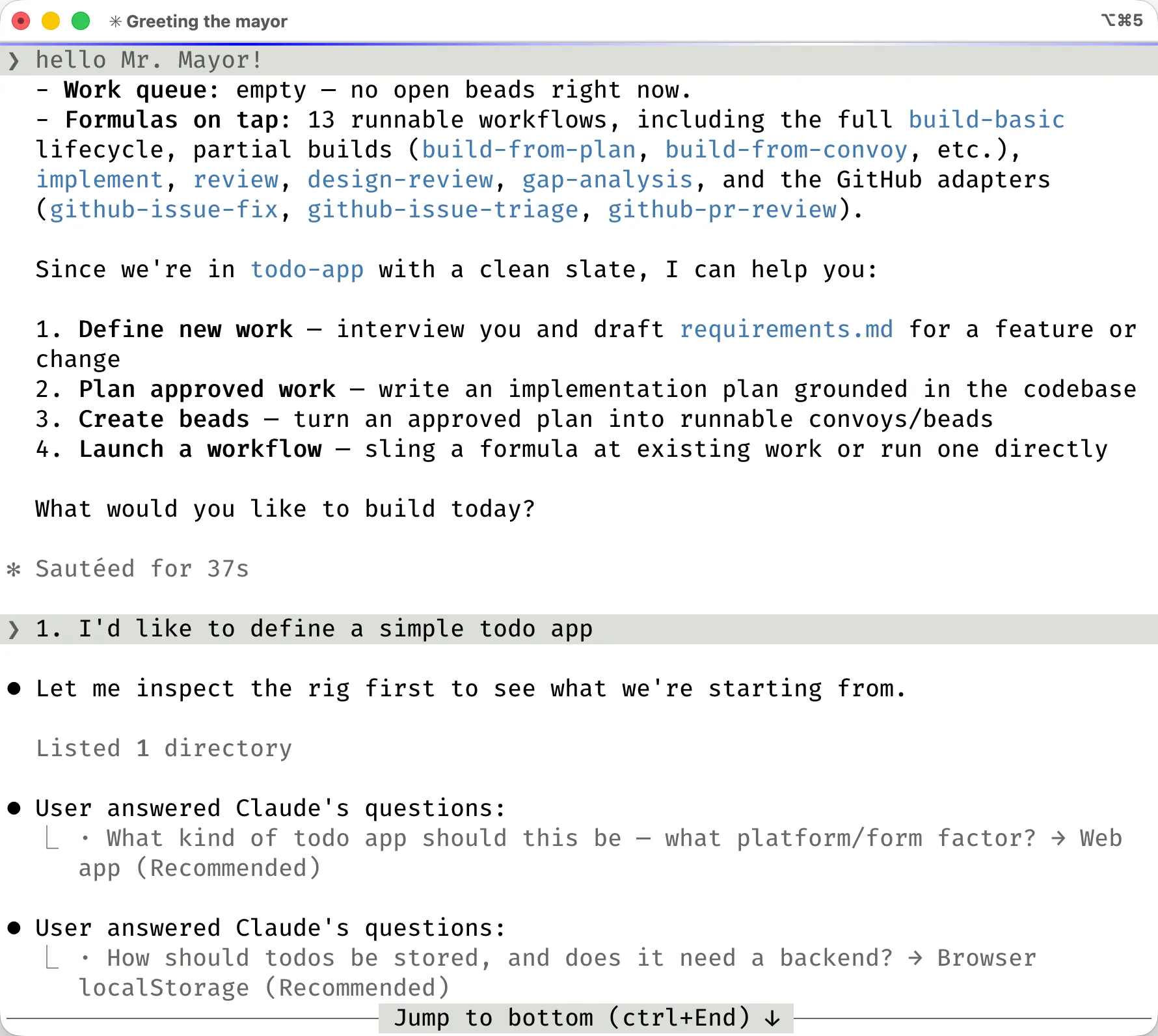 I ask to define a simple todo app, and the Mayor starts interviewing me -- platform and storage first.