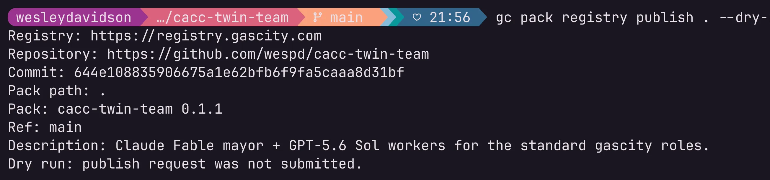 gc pack registry publish . --dry-run shows exactly what will be submitted before anything leaves your machine.