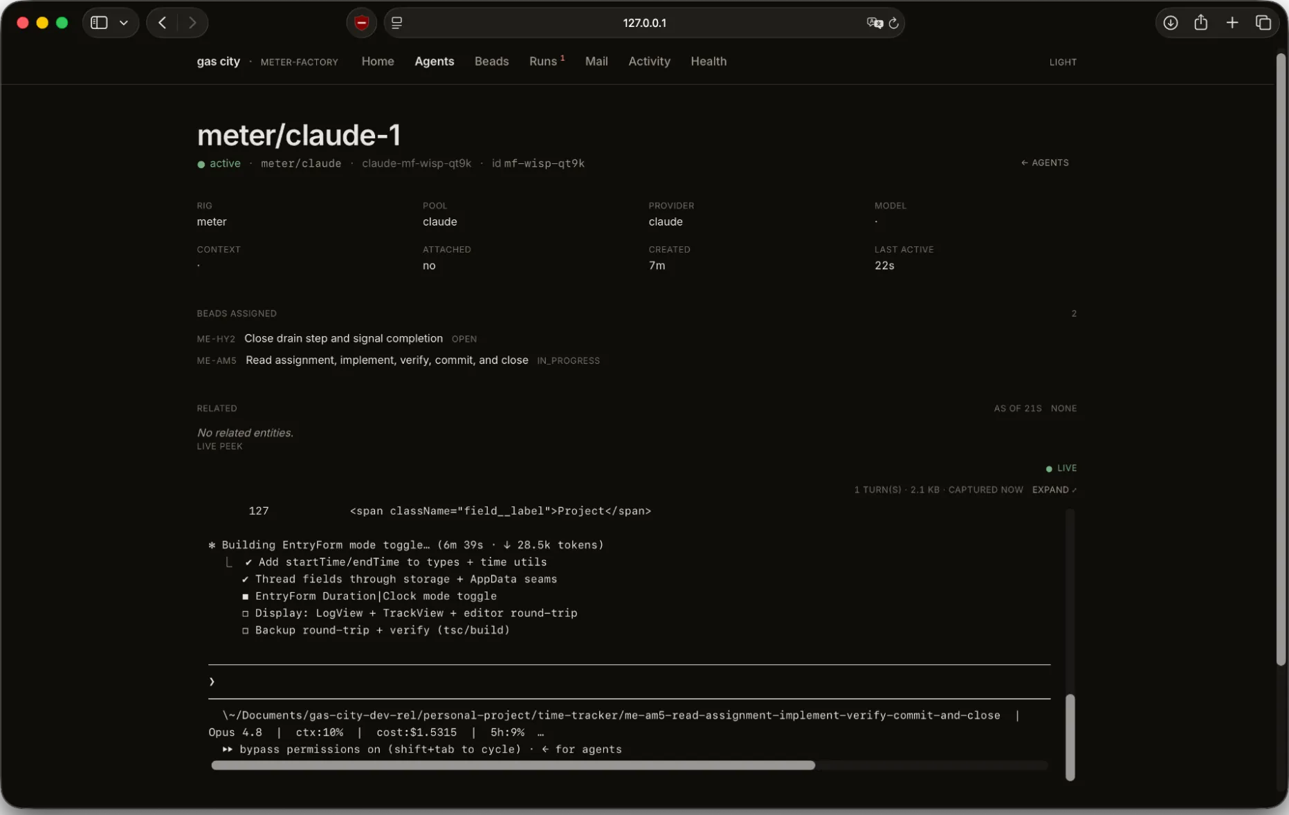 An agent session up close — meter/claude-1 with its assigned beads and a live peek at the work — without hopping into a tmux session.