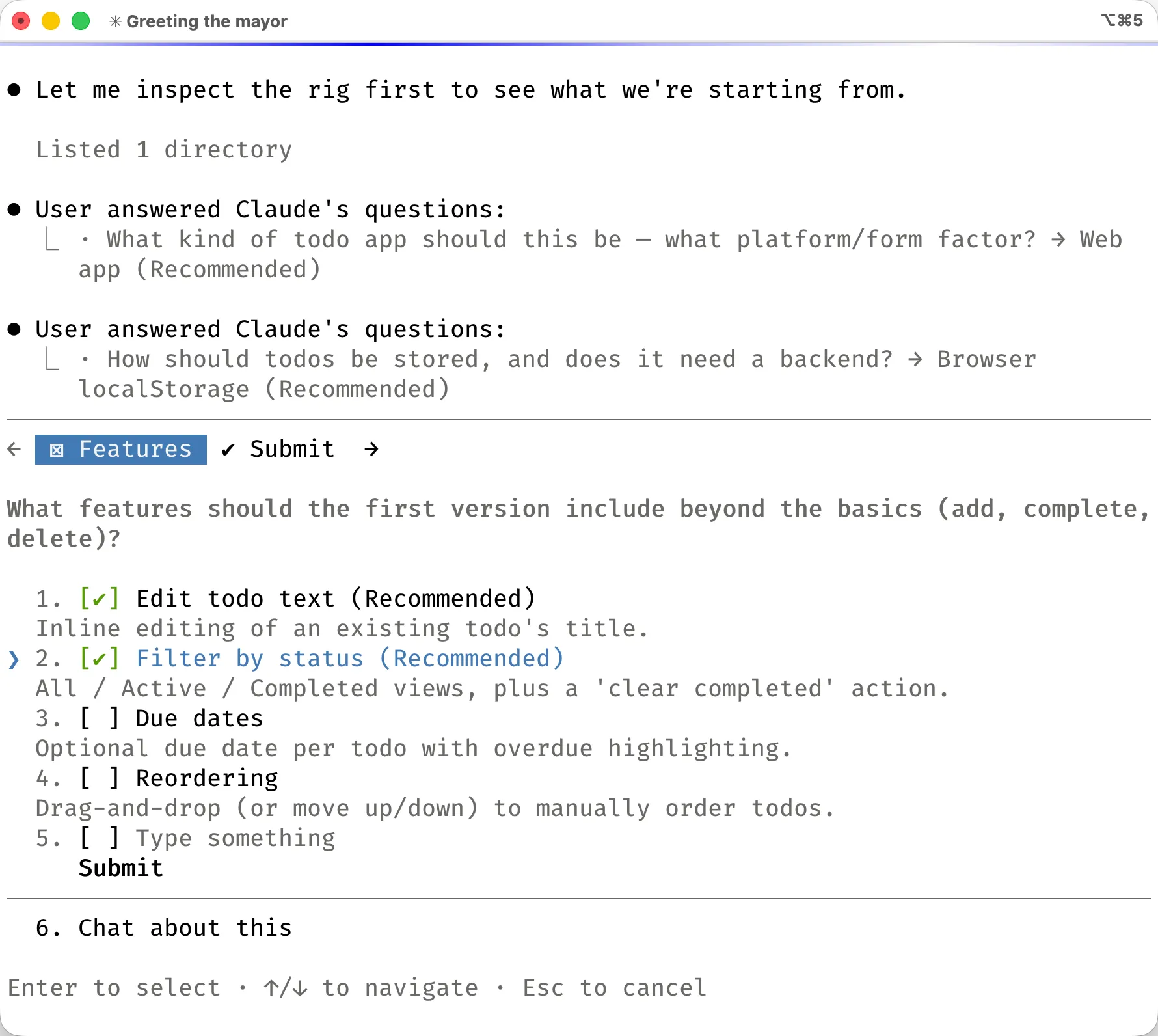The requirements interview continues with a feature checklist; I keep inline editing and status filters and skip due dates and reordering for now.