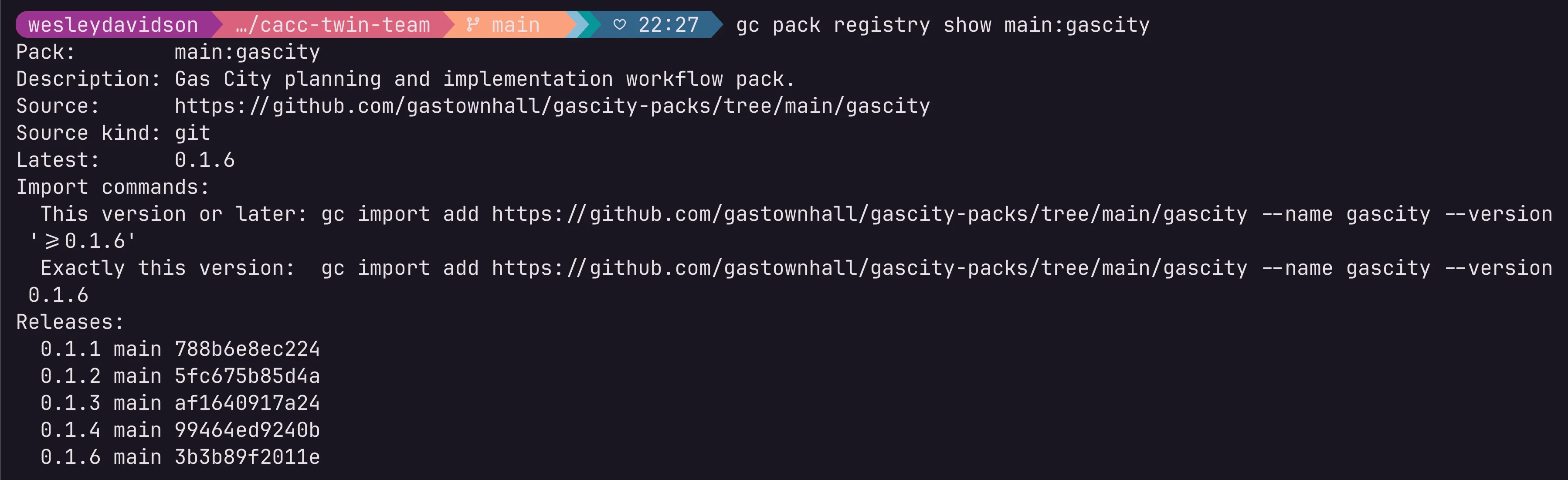 gc pack registry show prints a pack's description, source, releases, and the exact import commands to run.
