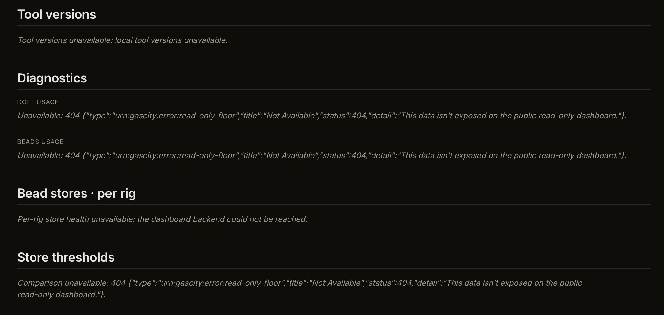 The Health view — tool versions, diagnostics, bead stores per rig, and store thresholds — including the rough edges: three panels answer with a raw problem+json 404 instead of a message, because that data isn't exposed on the public read-only dashboard.
