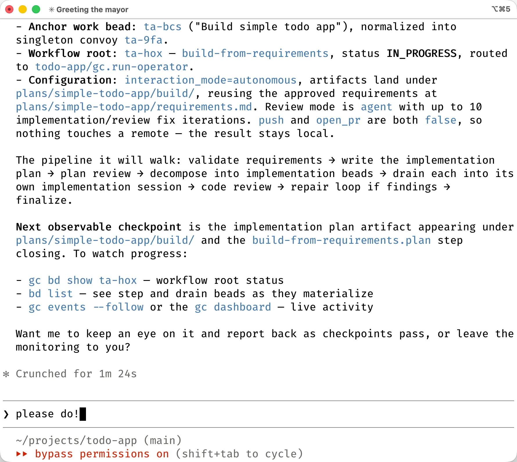 My todo app work becomes a bead, the bead becomes a convoy, and build-from-requirements starts walking the whole pipeline: plan, review, decompose, drain, code review, repair loop, finalize.