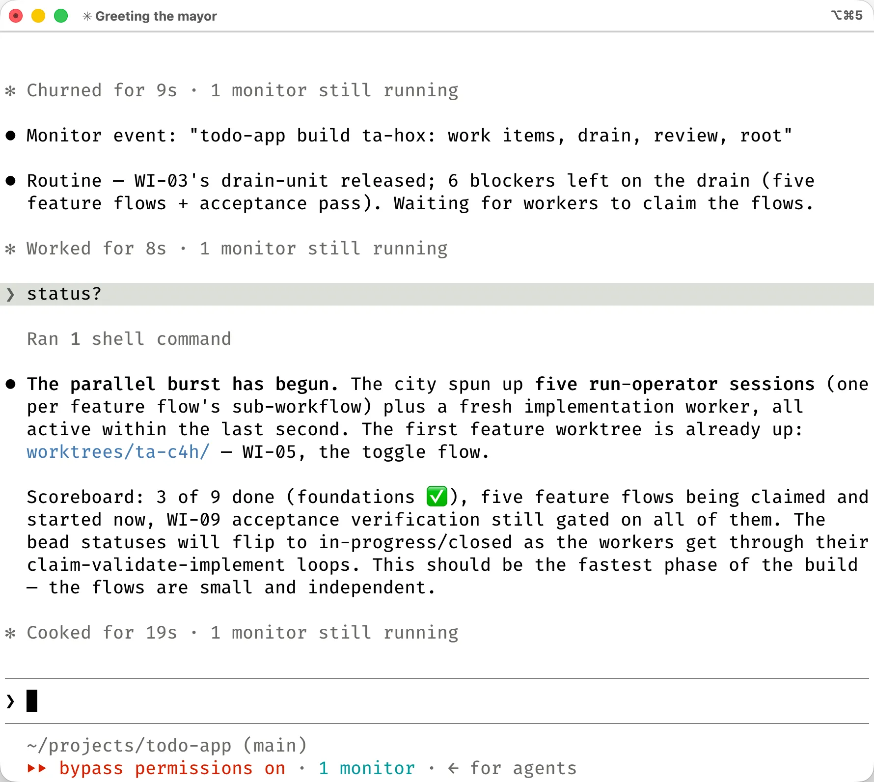 I ask for status and the parallel burst has begun: the city spins up five run-operator sessions at once, one per feature flow, each claiming its own worktree -- 3 of 9 beads done and the drain is in full swing.