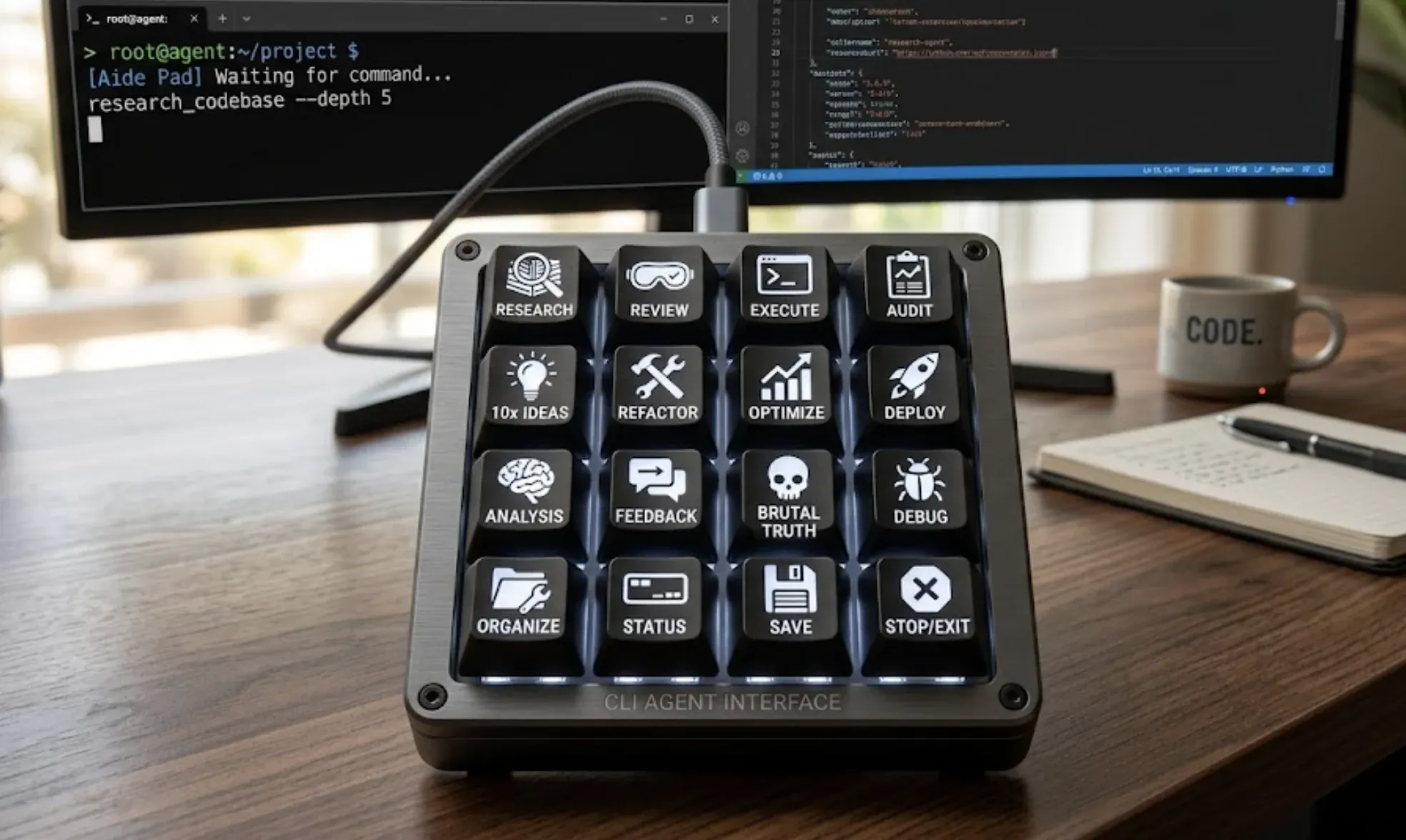 Photo of a custom macro keyboard labeled with coding-agent workflow buttons.