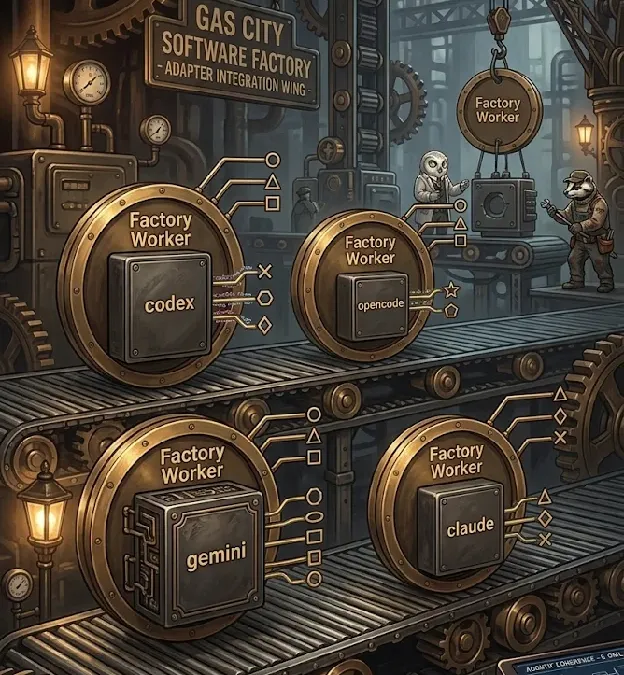 Retrofuturist Gas City diagram showing layers of agentic engineering orchestration.