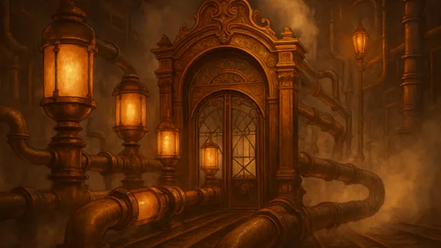 Retrofuturist illustration of an ornate brass and copper gate lit by glowing gas lanterns, with steam-wreathed industrial pipes converging toward it from both sides.
