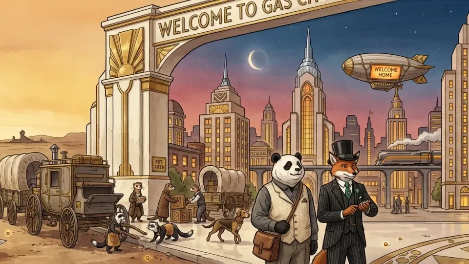 Retrofuturist illustration of a welcome gate leading into Gas City.