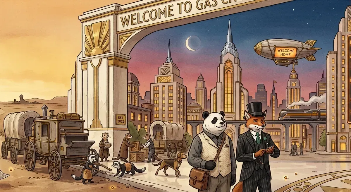 Retrofuturist illustration of a welcome gate leading into Gas City.