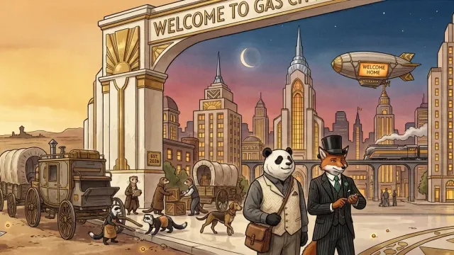 Retrofuturist illustration of a welcome gate leading into Gas City.