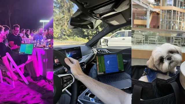 A triptych of Steve Yegge coding on a laptop in three places — a beach at night, a moving car, and a mall table beside a small dog