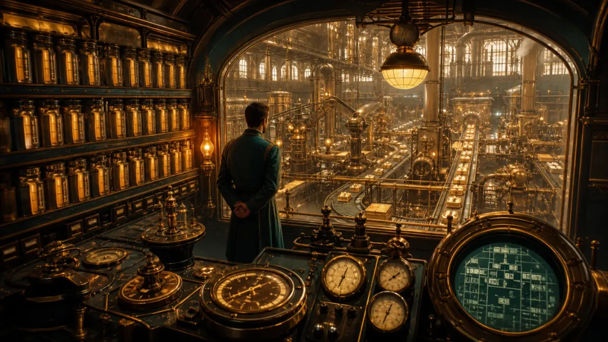 A retrofuturist factory observation deck: a figure at a control desk of brass gauges and dials, a glowing catalog wall of canisters behind him, and a wide window overlooking a humming gas-lit software factory floor.