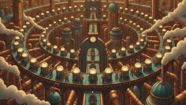 A retrofuturist gas-lit refinery drawn as a vast circular assembly line: concentric brass pipe loops carry glowing canisters out to many worker stations and back to a single inspection gate at the center.