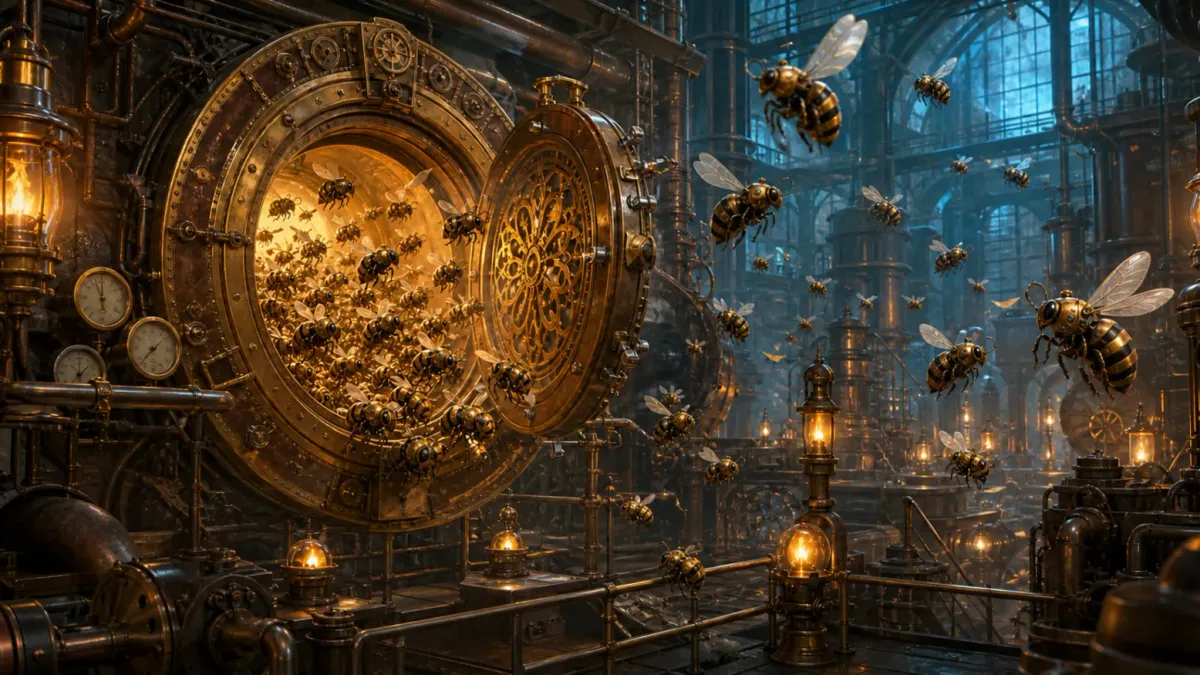 A retrofuturist brass release gate opening as a swarm of mechanical bees pours into a gas-lit factory.