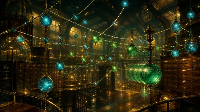 A brass-and-glass archive hall strung with glowing blue and green glass beads joined by threads, one green bead trailing layered ghost copies of itself.