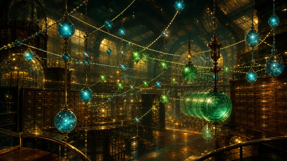 A brass-and-glass archive hall strung with glowing blue and green glass beads joined by threads, one green bead trailing layered ghost copies of itself.