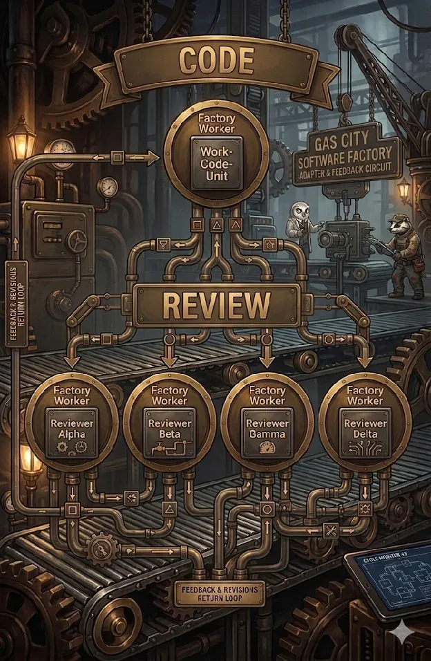 Retrofuturist diagram of a code and review orchestration pipeline.