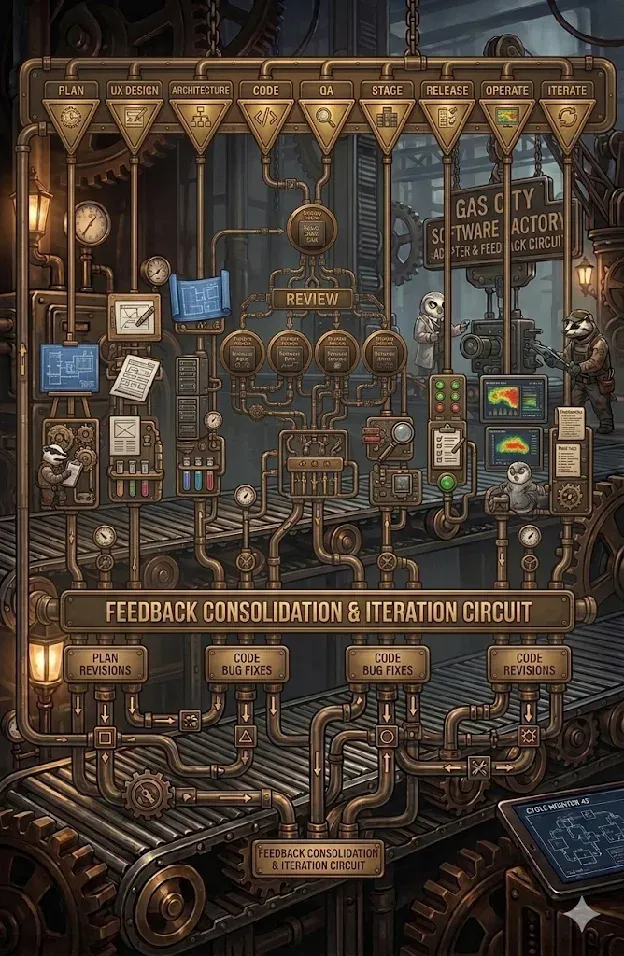 Retrofuturist diagram of feedback, code editing, testing, and iteration circuits.