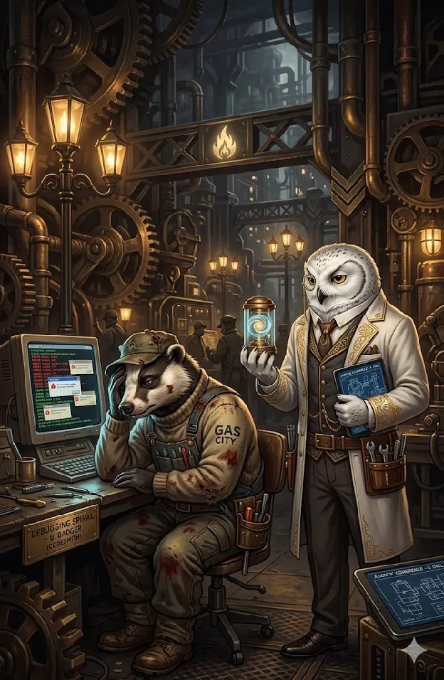 Illustration of agent workers operating inside an industrial Gas City software factory.