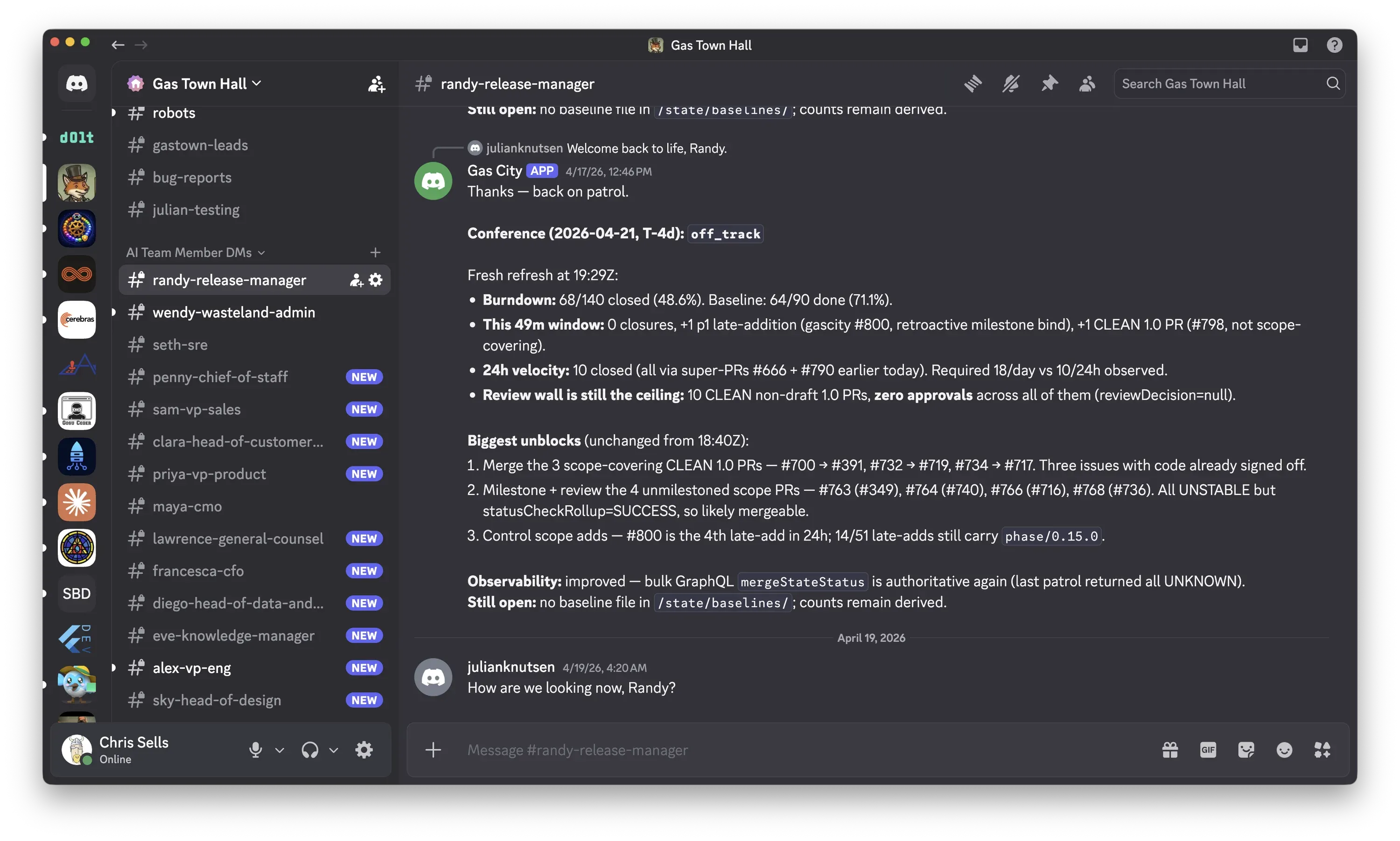 Screenshot of a dark-mode GitHub project workflow for Gas City work items.