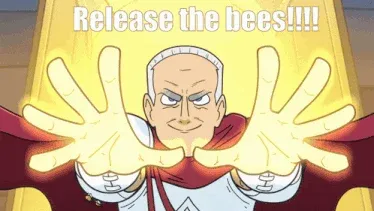 An anime character spreads glowing hands beneath the words “Release the bees!!!!”